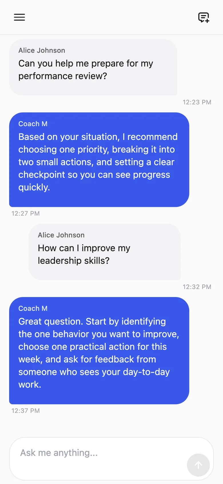 Coach M, the AI coach in the employee app, answering questions about a performance review