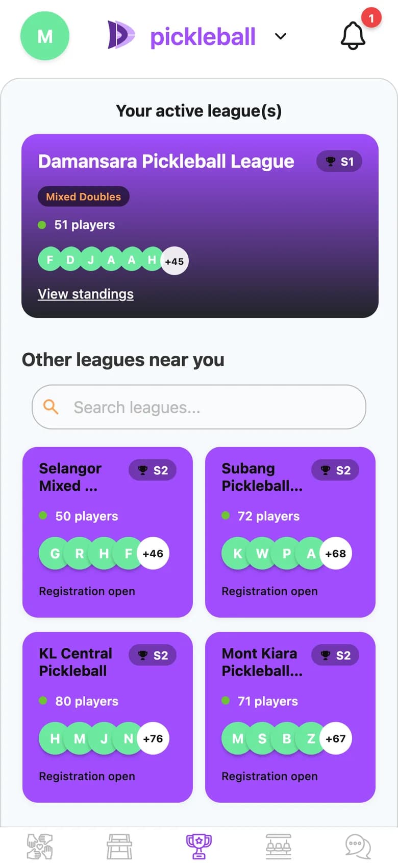 A player's home: their active league and other leagues nearby