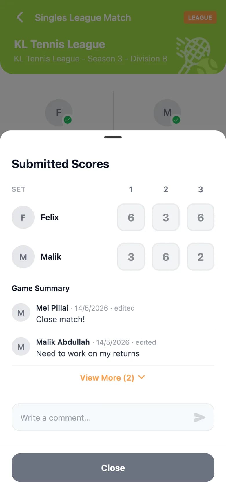 Submitted scores for a three-set singles match, with comments