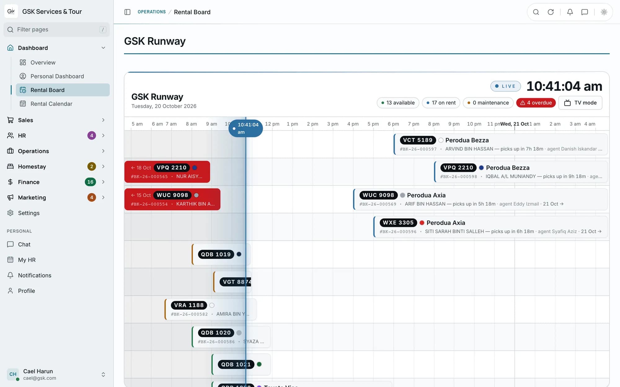 GSK Runway: every car on a live timeline, with overdue returns flagged
